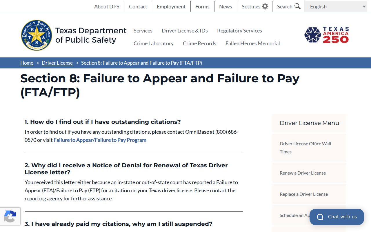 Texas DPS FAQ on Fayette County warrant and license-status questions