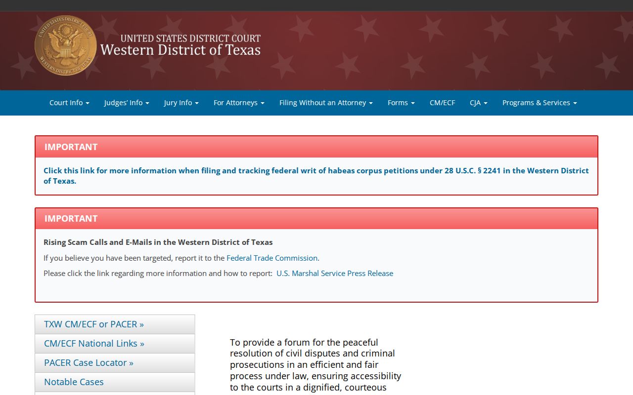 Western District of Texas federal court route for Fayette County warrant questions